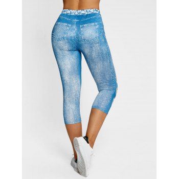 Flower 3D Ripped Print Capri Jeggings