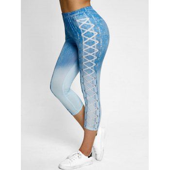 

3D Lace-up Print Ombre Capri Jeggings, Blue