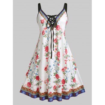 

Plus Size Flower Print Lace-up Cami Dress, White