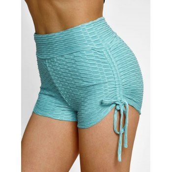 

High Waisted Cinched Textured Mini Shorts, Turquoise