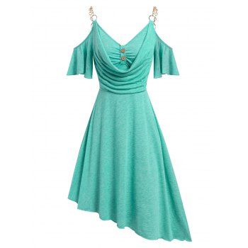 

Chain Strap Cold Shoulder Draped Asymmetric Dress, Light green