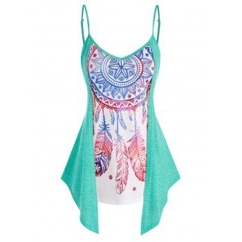 

Bohemian Flower Feather Print 2 In 1 Asymmetric Tank Top, Light green