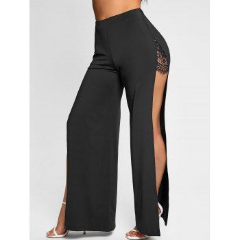 High Split Lace Panel Pants, Black
