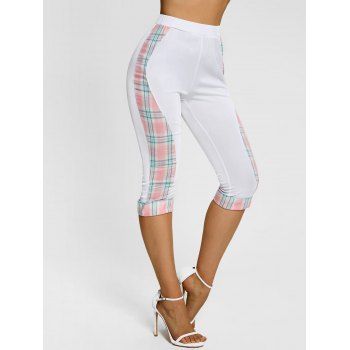 

Plaid Print Cuffed Hem Capri Pants, White
