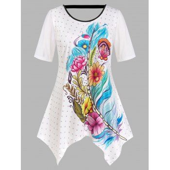 

Plus Size Floral Print Polka Dot Handkerchief Tee, White