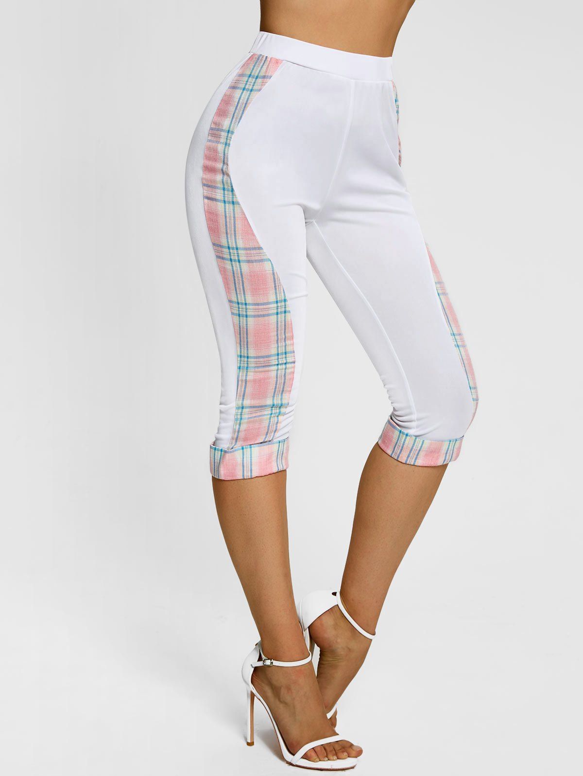 Pantalon Capri à Carreaux Imprimé Ourlet à Revers - Blanc XL