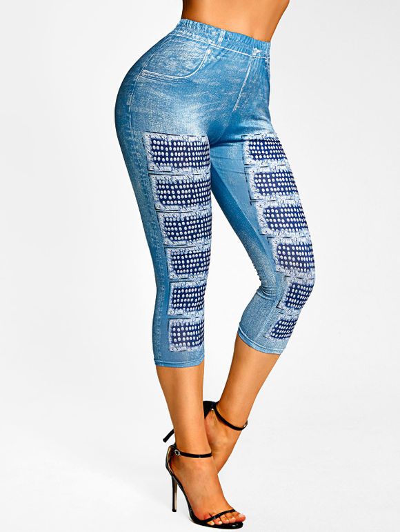 Legging Capri à Imprimé 3D Jean à Taille Haute - Bleu clair M