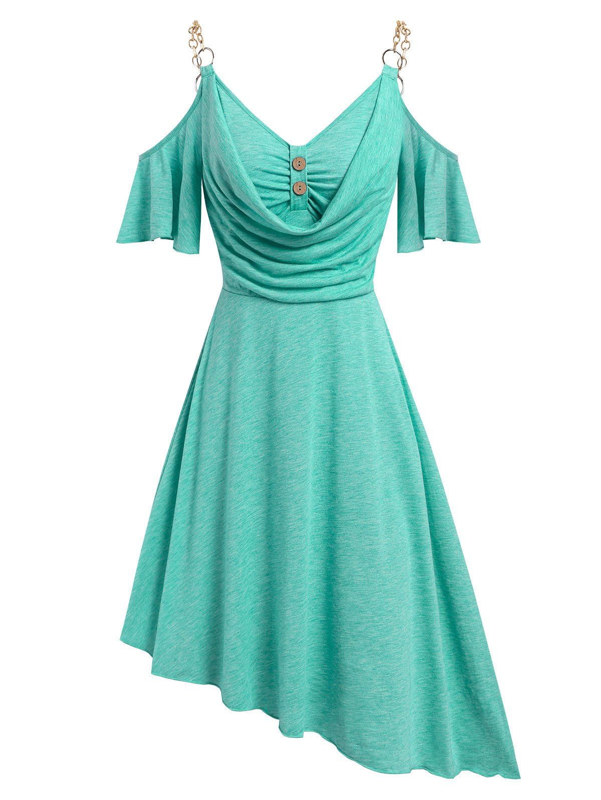 Chain Strap Cold Shoulder Draped Asymmetric Dress - LIGHT GREEN S