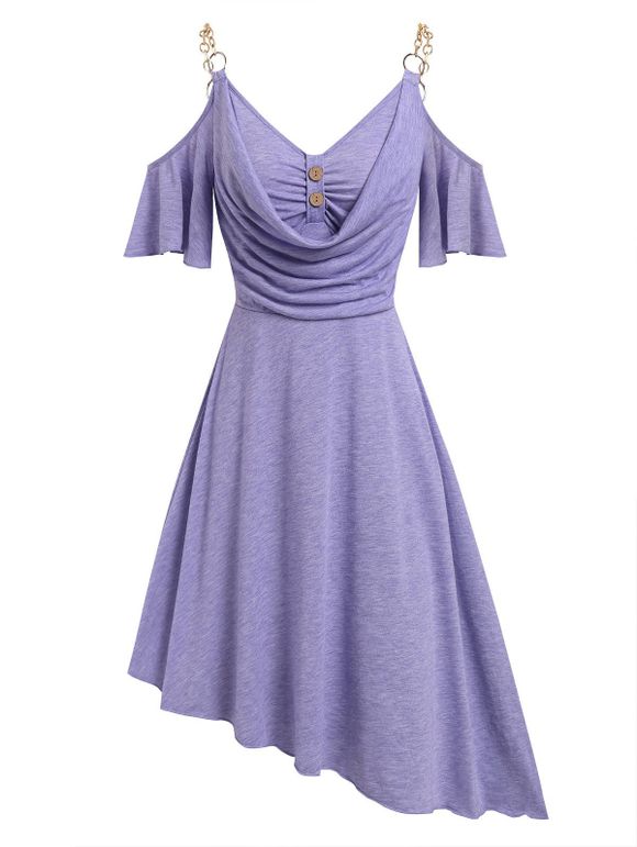 Robe Asymétrique Drapée Epaule Dénudée à Bretelle avec Chaîne - Violet clair S