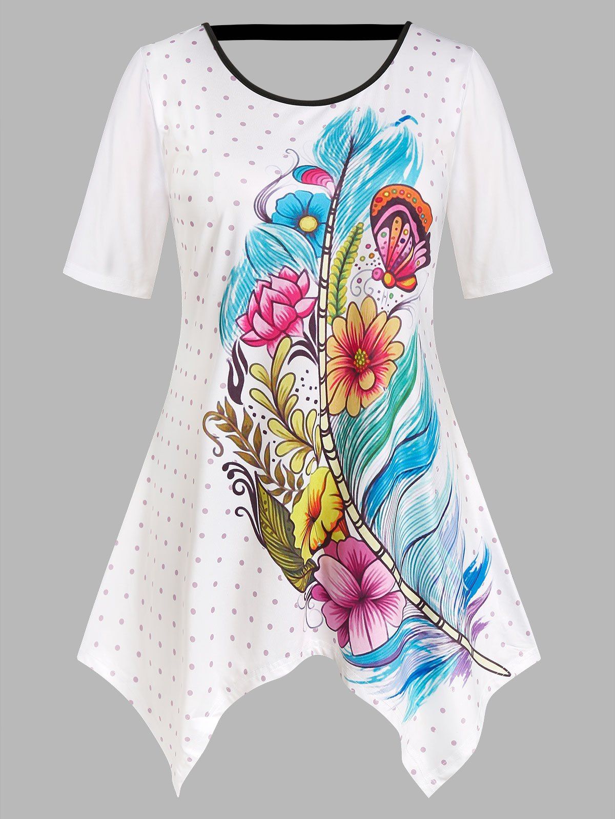 T-shirt Mouchoir à Imprimé Fleuri de Grande Taille à Pois - Blanc 2X