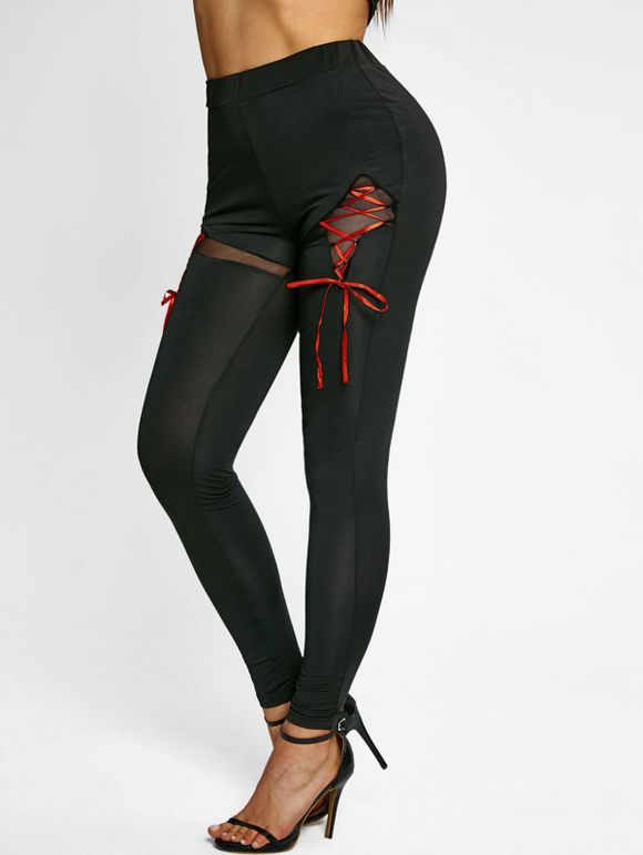 Pantalon Moulant à Lacets à Taille Haute - Noir XL