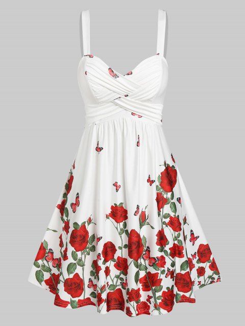 Rose Flower Print Mini Dress Ruched Crossover A Line Dress High Waist Sleeveless Vacation Dress