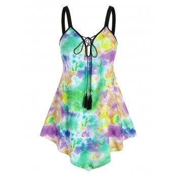 

Plus Size Lace Up Tassel Tie Dye Tank Top, Green