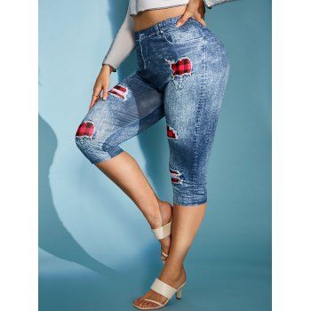 

Plus Size 3D Ripped Jean Print Skinny Capri Jeggings, Red