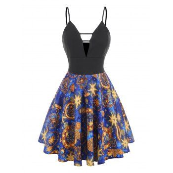 

Sun Star Print Ladder Cut Skater Dress, Black