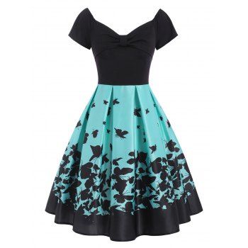 

Bowknot Butterfly Print High Waisted Dress, Green