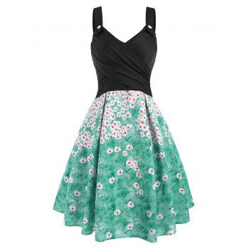 

Retro Galaxy Sun Star Floral Print Crossover A Line Summer Dress, Multicolor