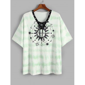 

Plus Size Lace-up Tie Dye Sun Star Moon Graphic Longline Tee, Light green