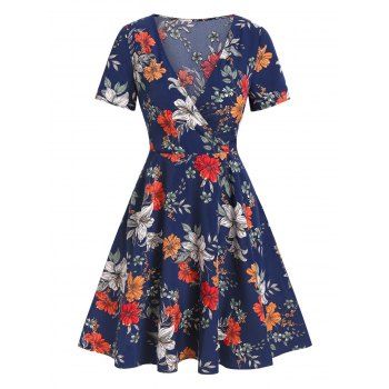 

Flower Print Surplice Plunging Neck Dress, Deep blue