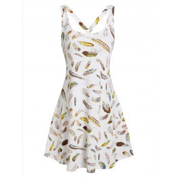 

Sleeveless Feather Print Flare Dress, White