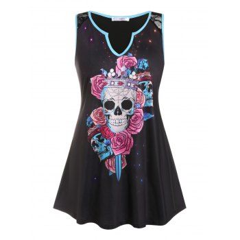 

Plus Size Flower Skull V Notch Tunic Tank Top, Black