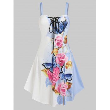 

Plus Size Floral Butterfly Print Lace Up Sundress, White