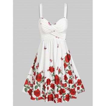 

Rose Flower Print Mini Dress Ruched Crossover A Line Dress High Waist Sleeveless Vacation Dress, White