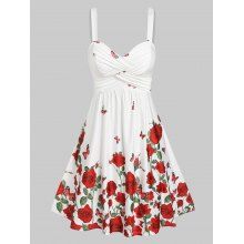 dresslily Rose Flower Print Mini Dress Ruched Crossover A Line Dress High Waist Sleeveless Vacation Dress