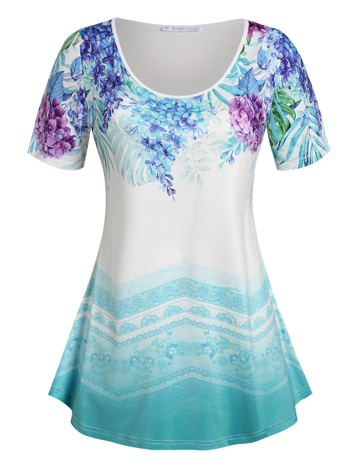 T-shirt Ombre à Imprimé Floral Grande Taille - Bleu clair 1X