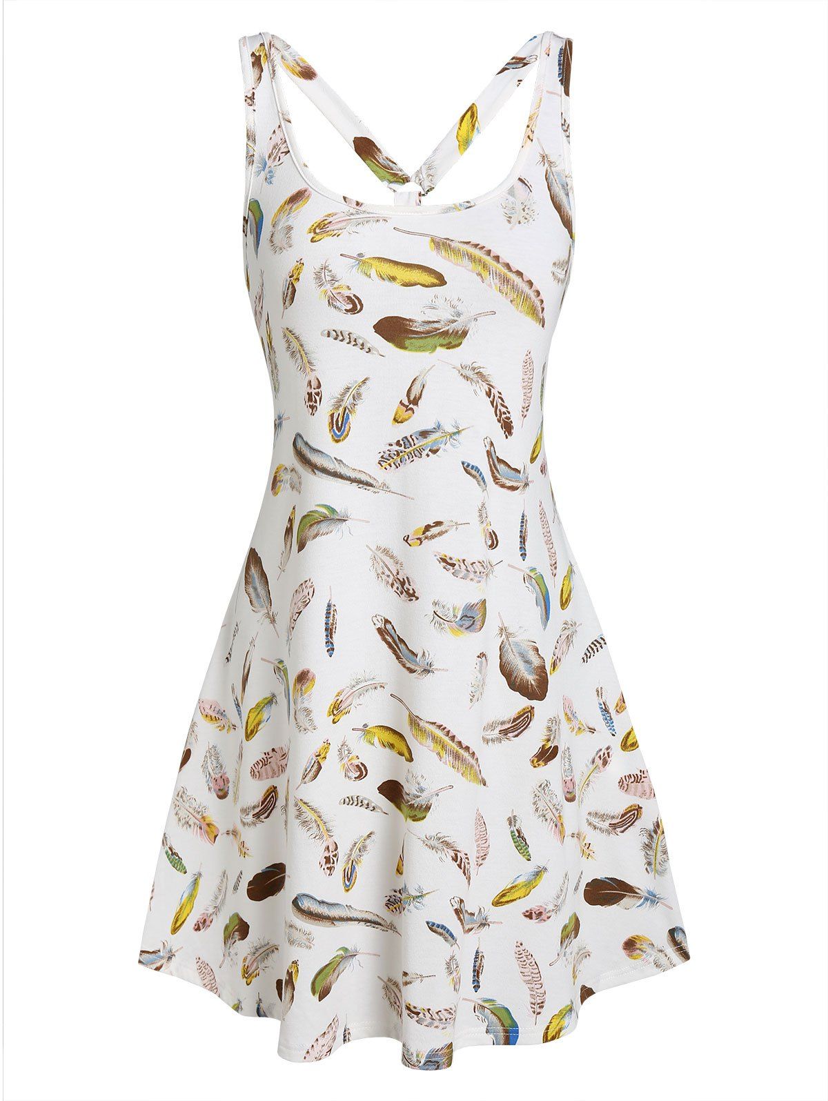 Sleeveless Feather Print Flare Dress - WHITE M