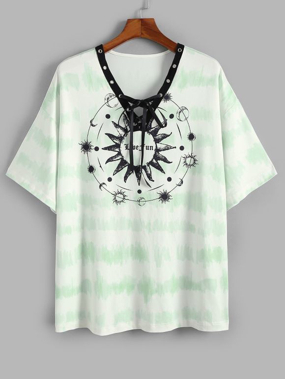 T-shirt Long Teinté Etoile Lune de Grande Taille à Lacets - Vert clair 4XL