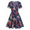 Robe d'été Superposée à Imprimé Fleur à Col Plongeant en Ligne A de Vacance - Bleu profond XXL