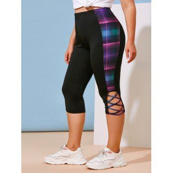 

Lattice Plaid Side Plus Size Capri Leggings, Black