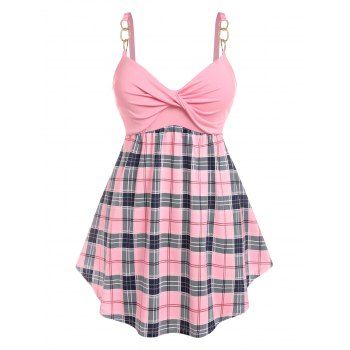 

Plus Size Plaid Chains Twisted Backless Tank Top, Light pink