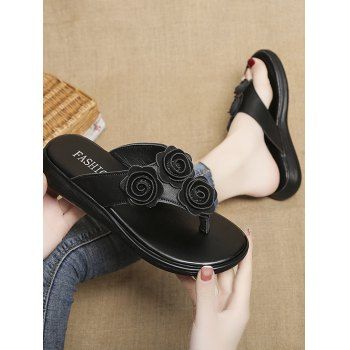 

Flower Decor Flat Thong Slippers, Black