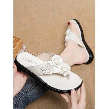 

Flower Decor Flat Thong Slippers, White