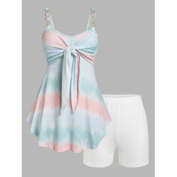 

Plus Size Front Tie Chains Ombre Color Shorts Pajamas Set, Light blue