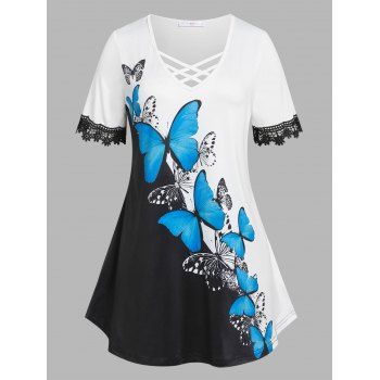 

Plus Size Butterfly Print Floral Applique Lattice Tee, Multicolor