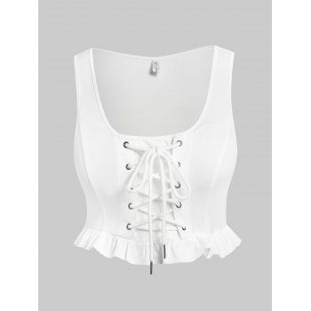 Plus Size Lace Up Flounced Top, White