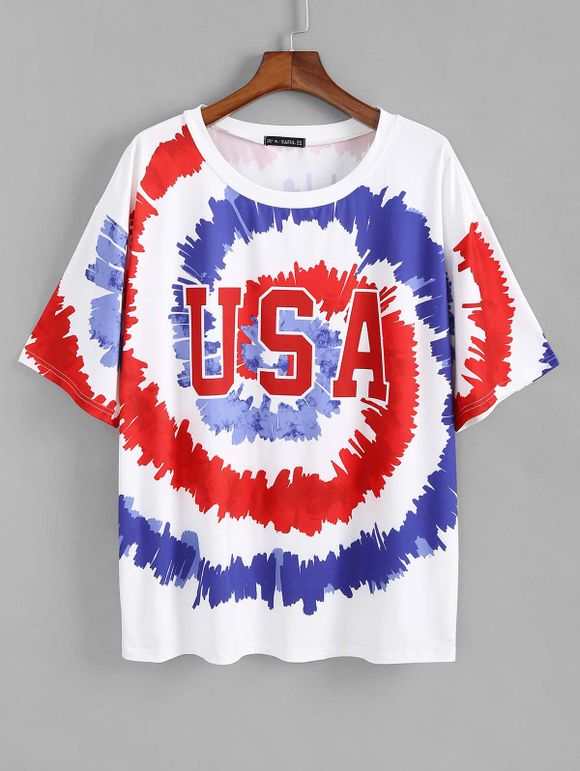 T-shirt à Imprimé Drapeau Américain Teinté de Grande Taille - multicolor L