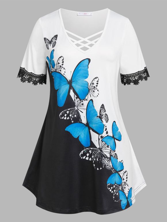 T-shirt Applique Fleuri à Imprimé Papillon de Grande Taille en Treillis - multicolor L