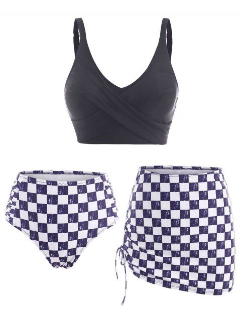Checkered Crisscross Ruched Cinched Three Piece Tankini Swimwear