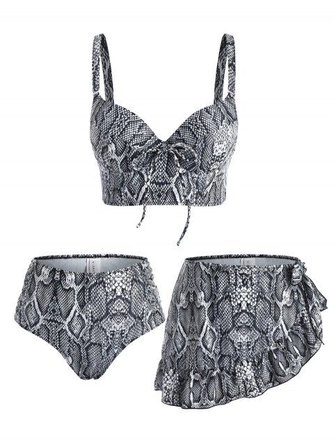Maillot de Bain Tankini Noué à Imprimé Peau de Serpent à Volants Trois Pièces