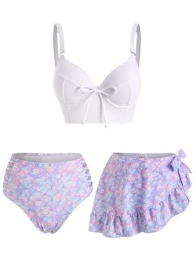 Mermaid Vacay Swimwear Criss Cross Bowknot Underwire Push Up Asymmetrical Hem Skirt Three Piece Tankini Swimwear