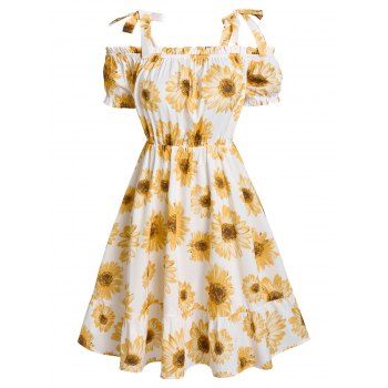 

Summer Vacation Sunflower Print Ruched Self Tie Cold Shoulder Mini Dress, White