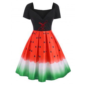 

Sunflower Watermelon Print Lace Up Midi Dress, Multicolor