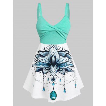 

Vacation Flower Gem Print Twisted Sleeveless Mini Dress, Light green