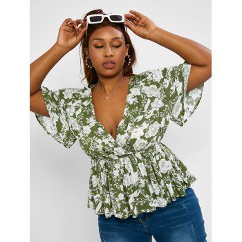 

Plus Size Flower Surplice Peplum Flutter Sleeve Blouse, Deep green