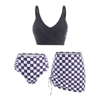 

Checkered Crisscross Ruched Cinched Three Piece Tankini Swimwear, Black