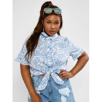 

Plus Size Palm Leaf Ruffle Self-tie Shirt, Light blue